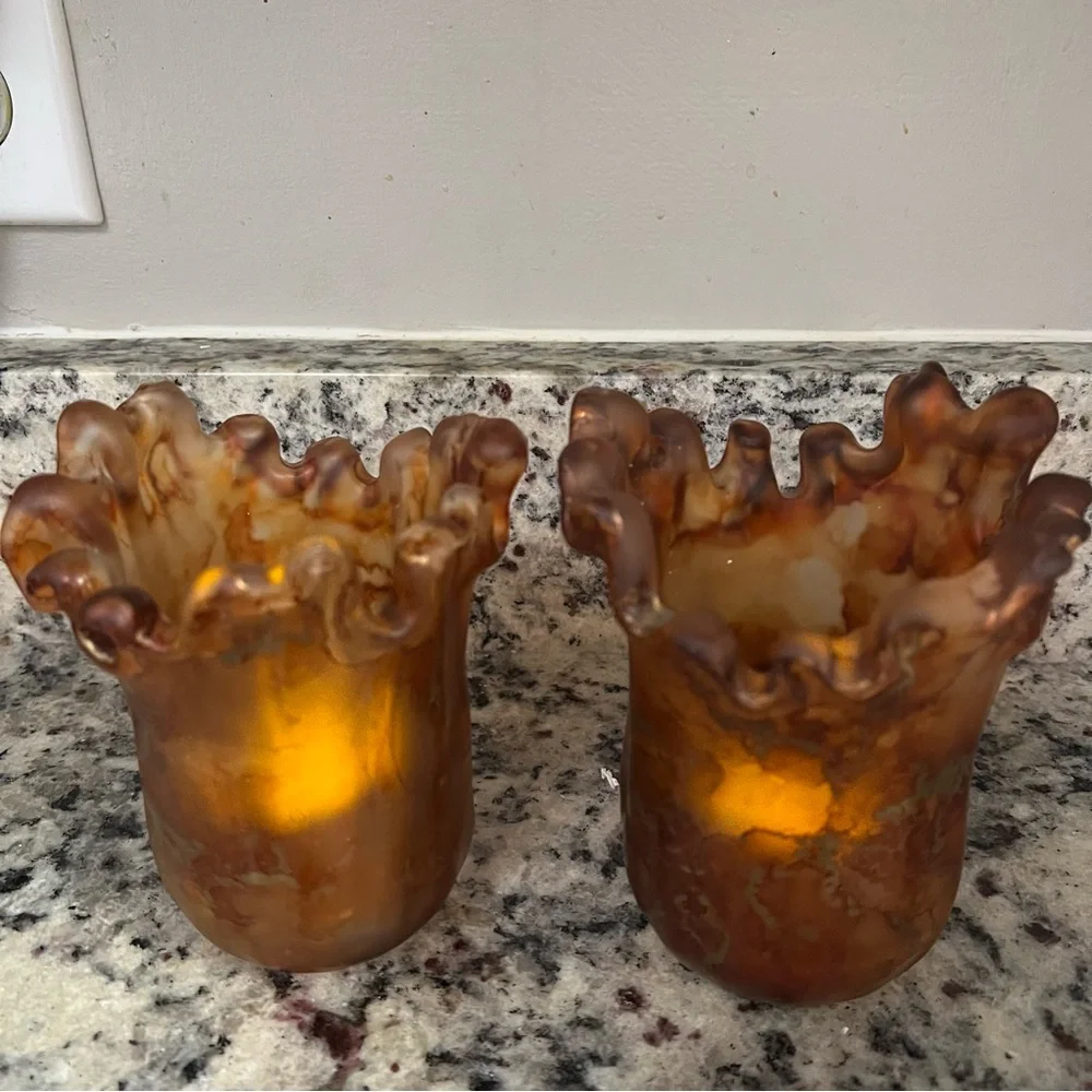 MCM Italian Swung Glass Candle Holders Amber with Metallic Swirls